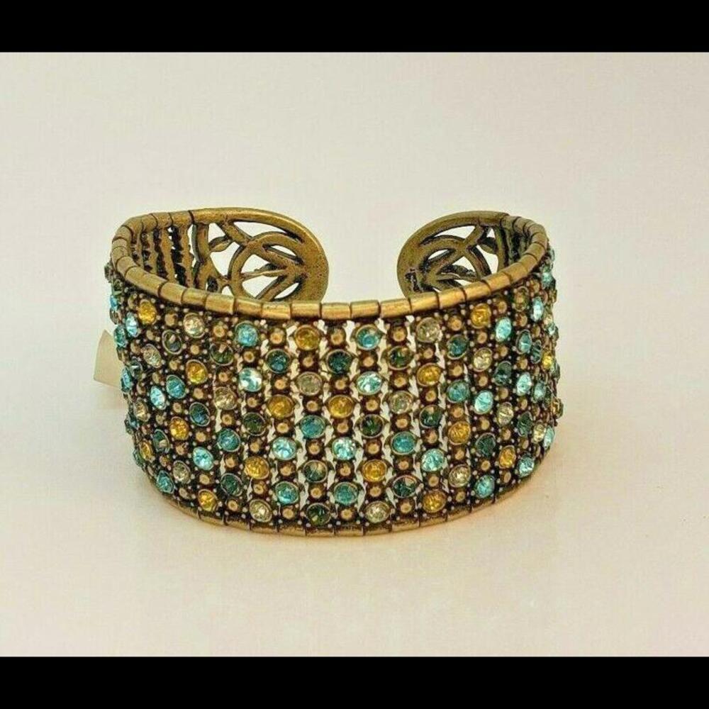 Monet Antiqued Gold Metal Colored Gemstones Cuff Bracelet Vintage Adjustable